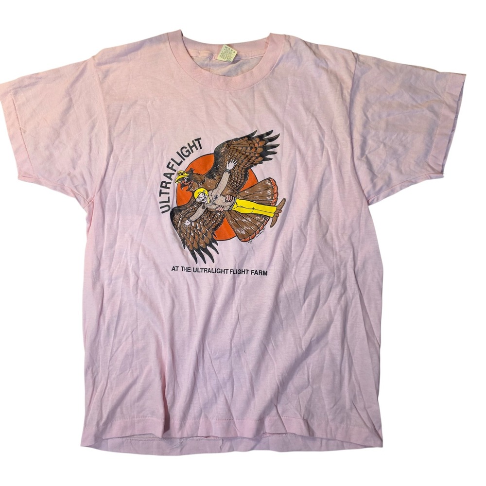 Vtg‎ 1988 Screen Stars Ultraflight Flight Farm Pink Graphic T-Shirt L USA Retro